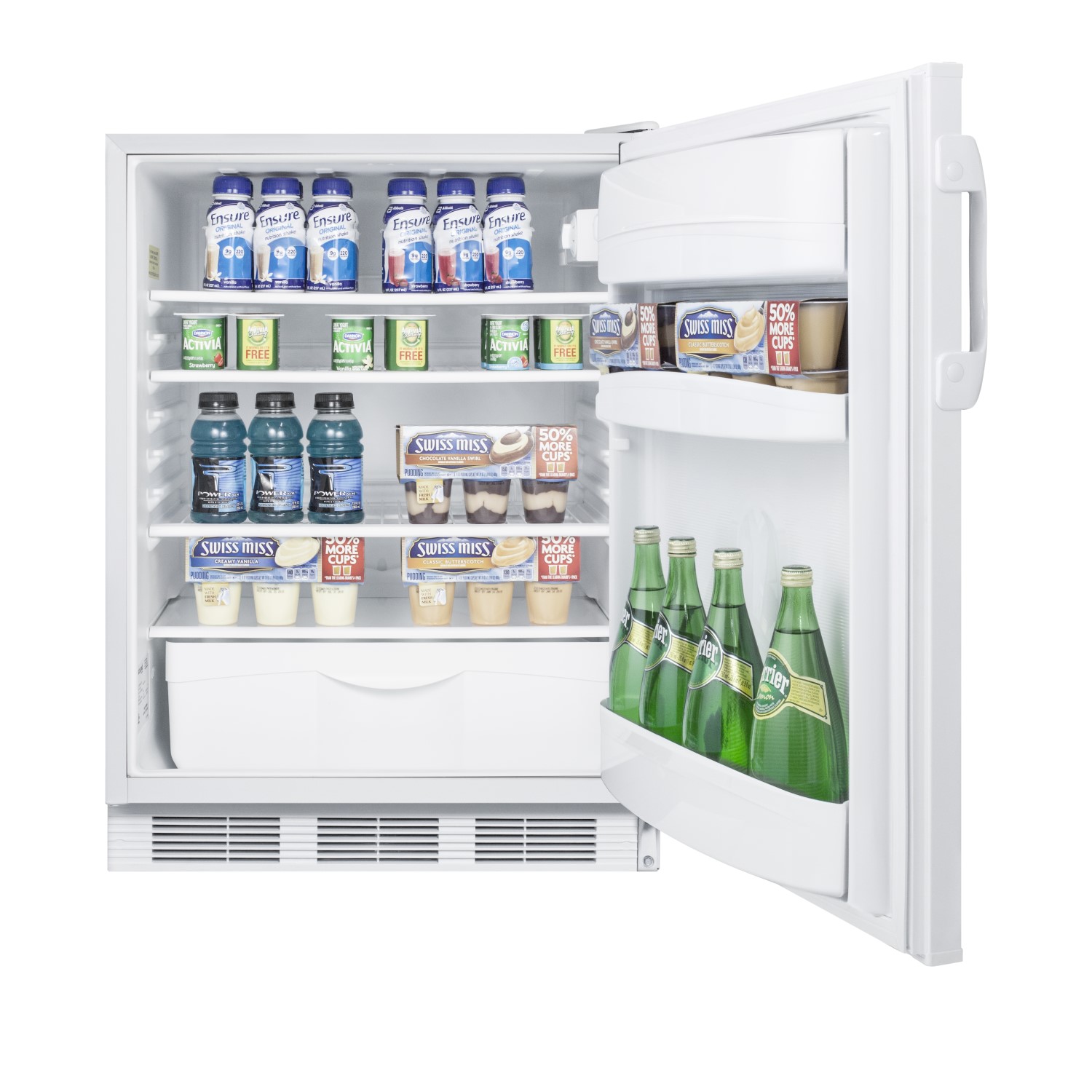 ADA compliant all-refrigerator for freestanding general purpose use, with lock, automatic defrost operation and white exterior